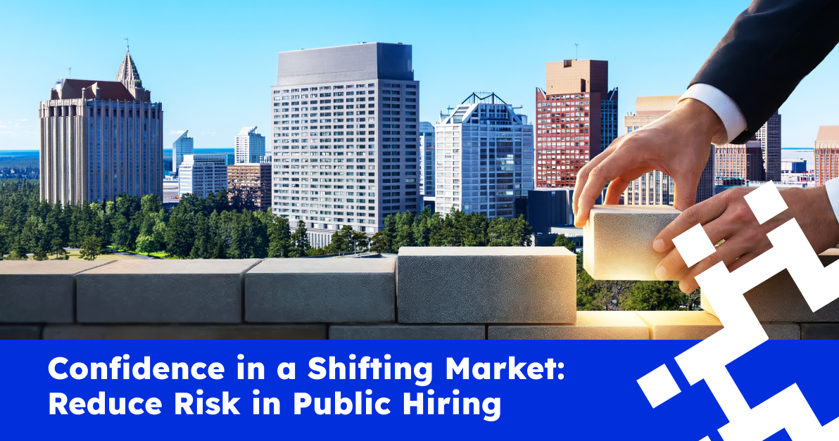 Ottawa skyline with business professional placing building blocks, symbolizing confidence and reduced risk in public sector hiring.