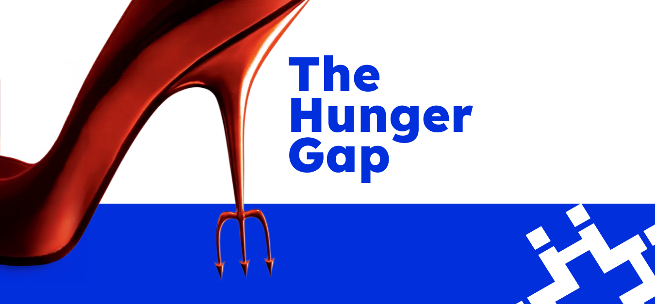 Red high heel shoe with trident heel beside “The Hunger Gap” text, symbolizing ambition, culture fit, and motivation in hiring.
